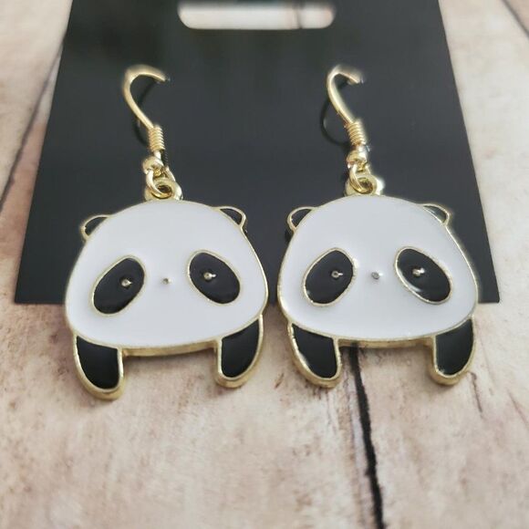 Gold Panda Face Earrings, Wildlife Jewelry - Picture 7 of 7